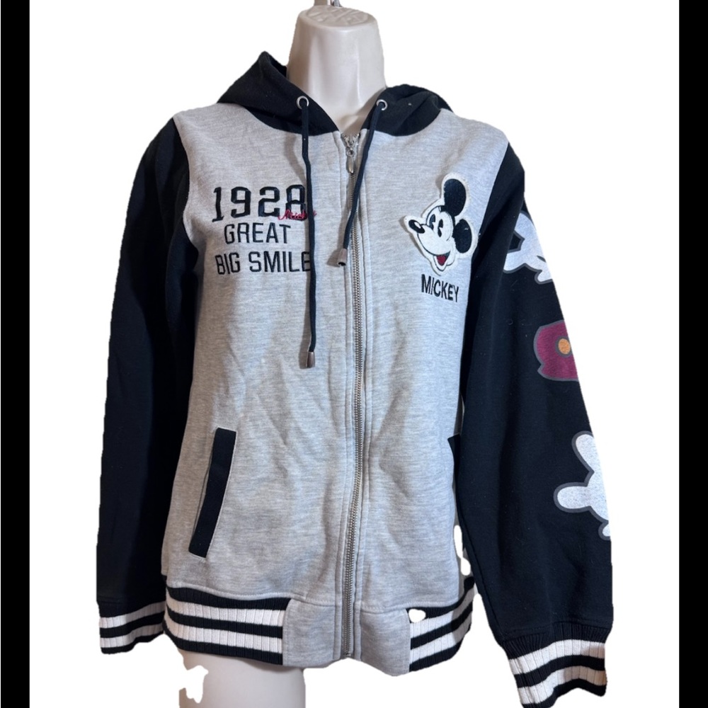 Mickey Mouse Disney Black/Grey Unigender Hoodie Full Zip Vtg. Sz L FITS M